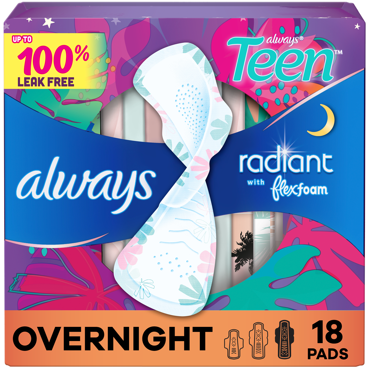 Always Radiant Teen Pads, Overnight, Unscented