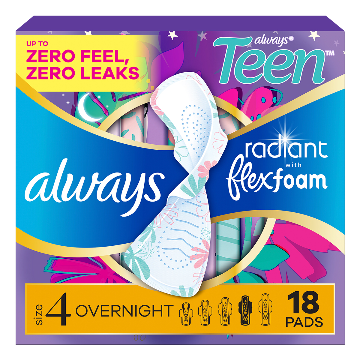 Always Radiant Teen Pads, Overnight, Unscented