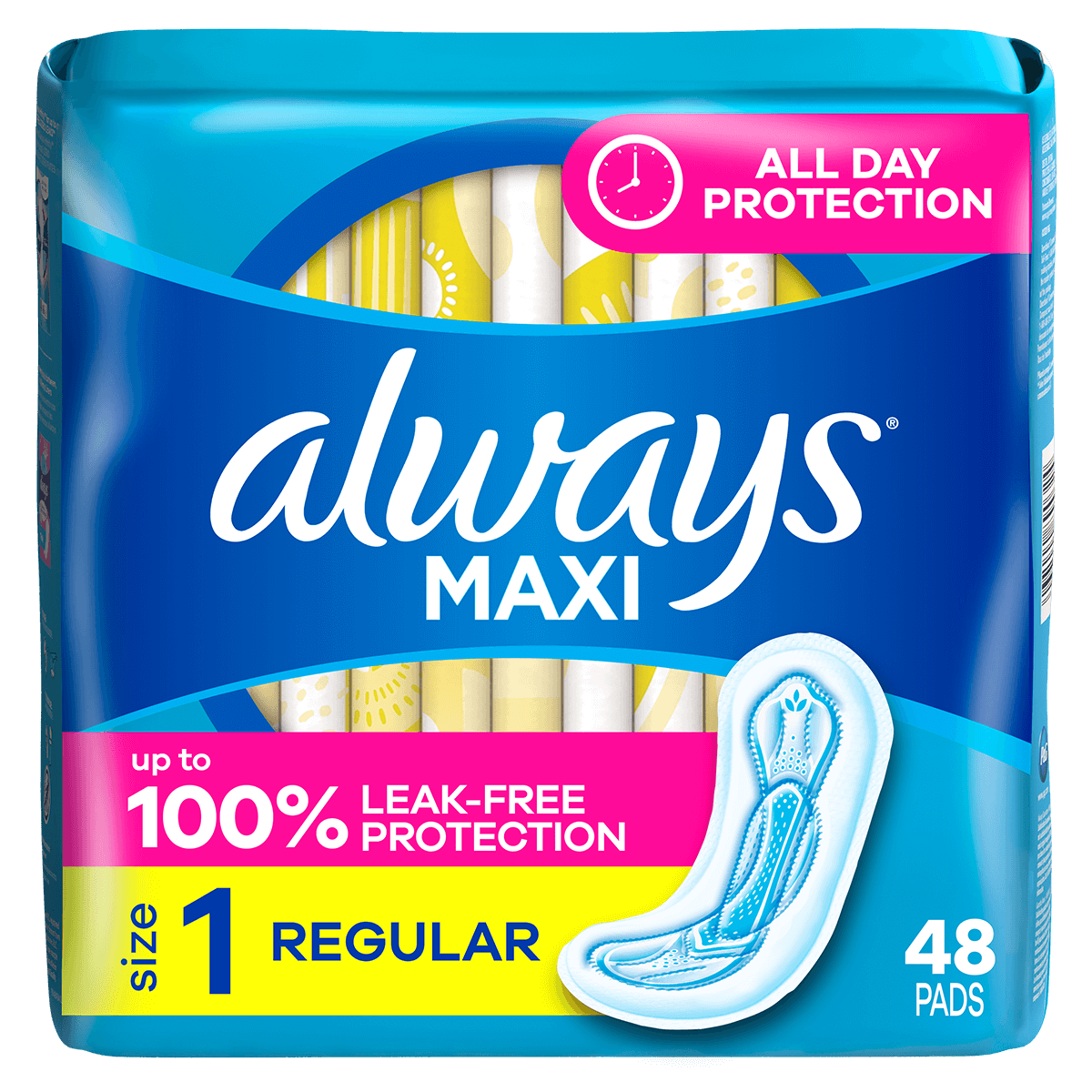 Always Maxi pads package featuring 48 leak-free comfort pads for reliable protection during menstruation