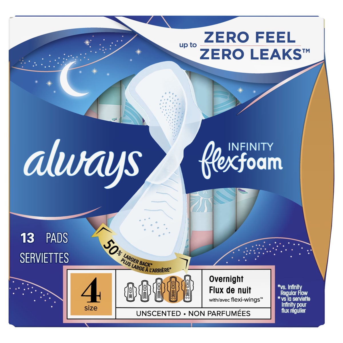 Always Infinity Flex Foam Overnight Pads Size 4 Unscented 13 Pads