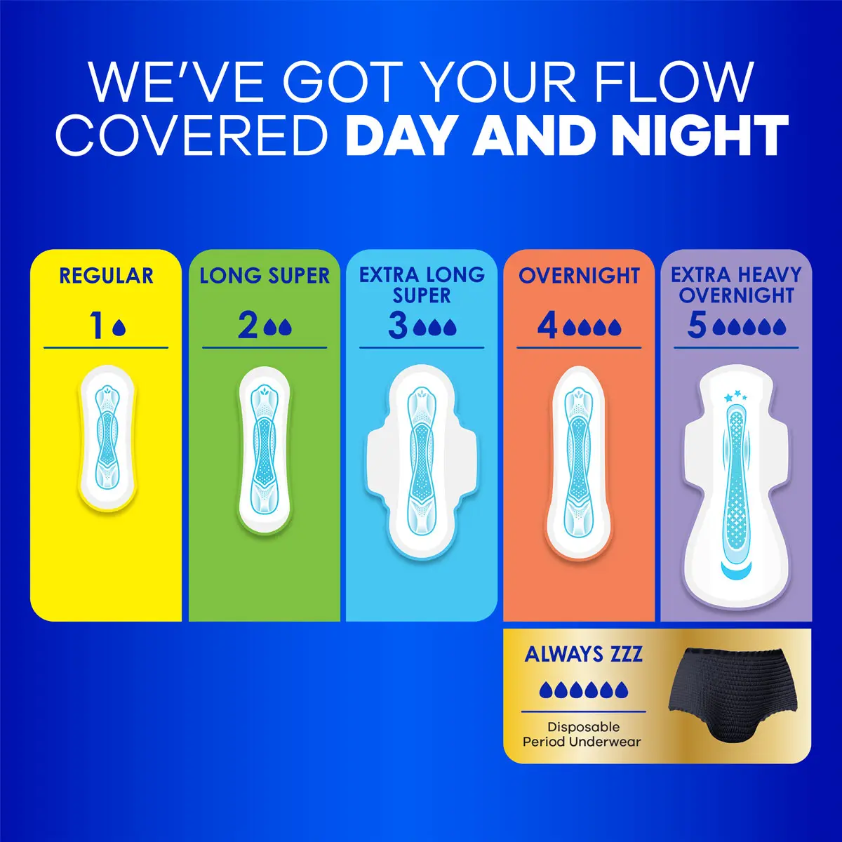 We've got your flow covered Day and Night. Features different pad sizes and coverages, as well as disposable period underwear.