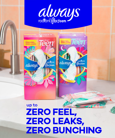 Packaging of Always Teen pads with a floral design, highlighting ZERO FEEL, ZERO LEAKS, ZERO BUNCHING