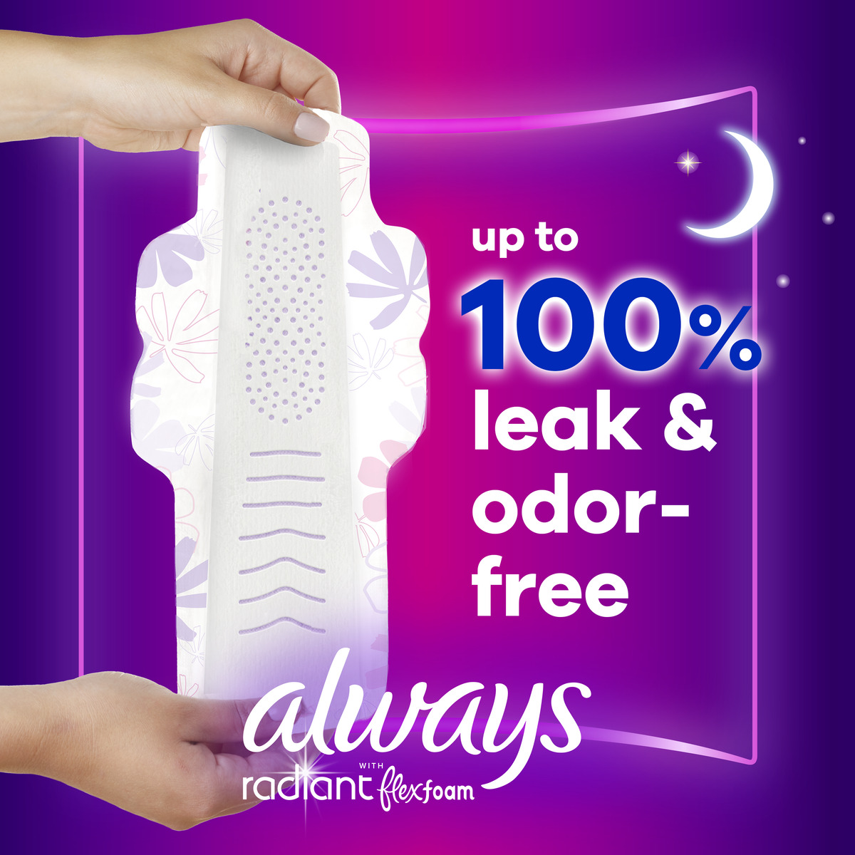 Always brand pad showcasing 100% leak & odor-free feature with a hand holding the product against a vibrant backdrop