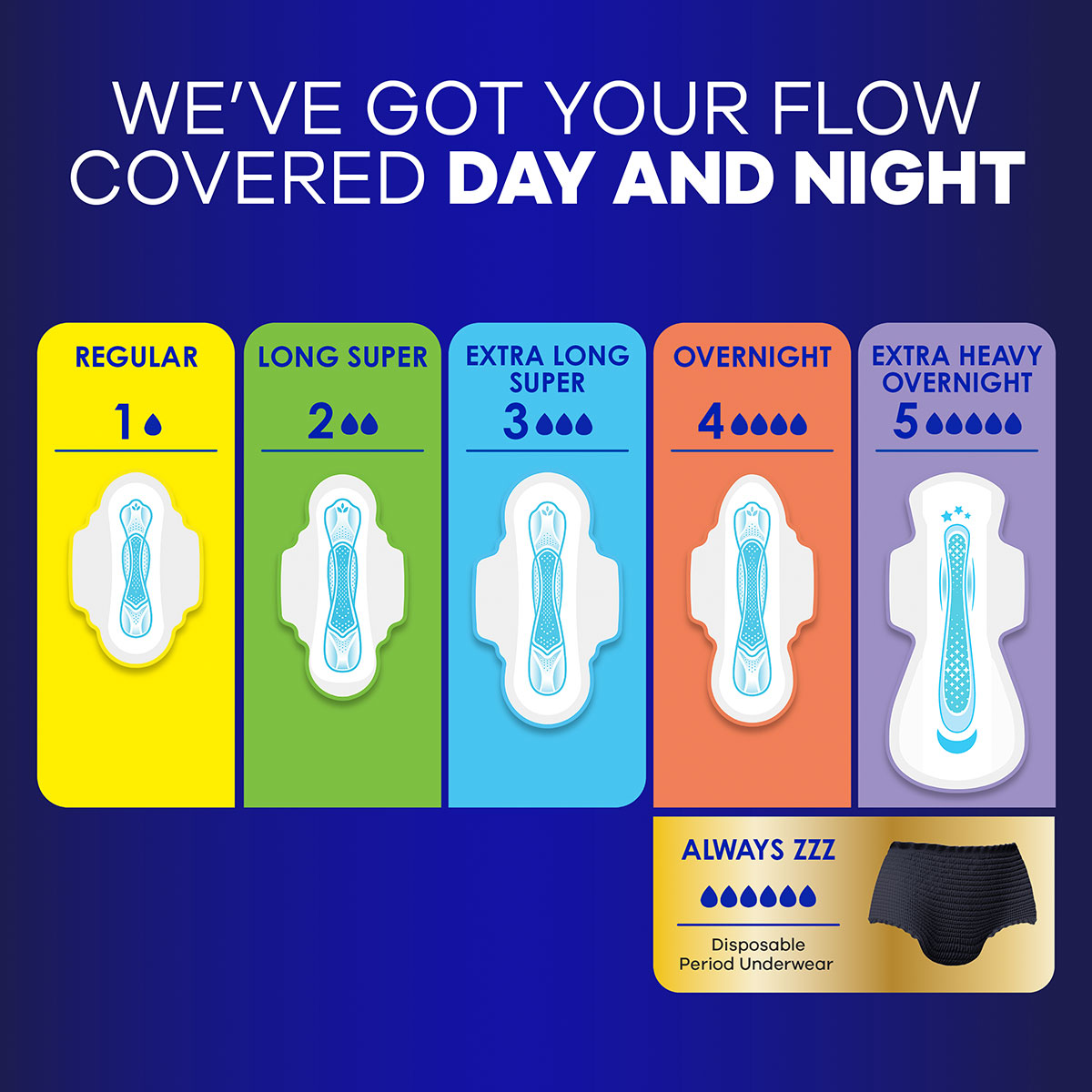 We've got your flow covered Day and Night. Features different pad sizes and coverages, as well as disposable period underwear.