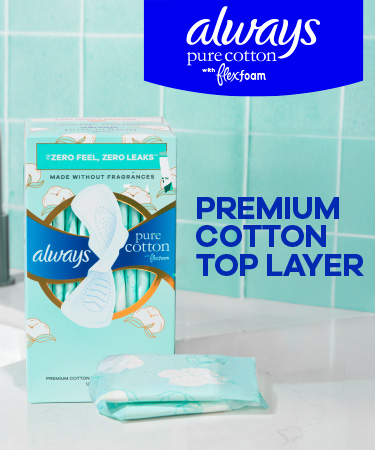 Always Pure Cotton pads with Flexfoam displayed on a clean, modern background, highlighting product features and packaging