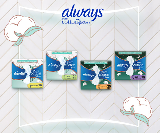 Always Pure Cotton pads with Flexfoam displayed on a clean, modern background, highlighting product features and packaging
