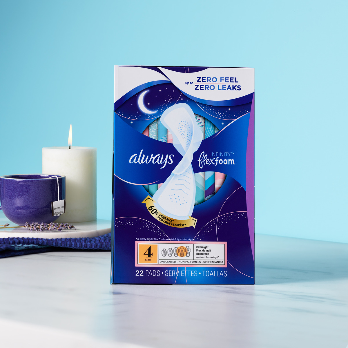 Always Infinity FlexFoam pads: pack of 22, designed for comfort and zero leaks, against a serene blue background