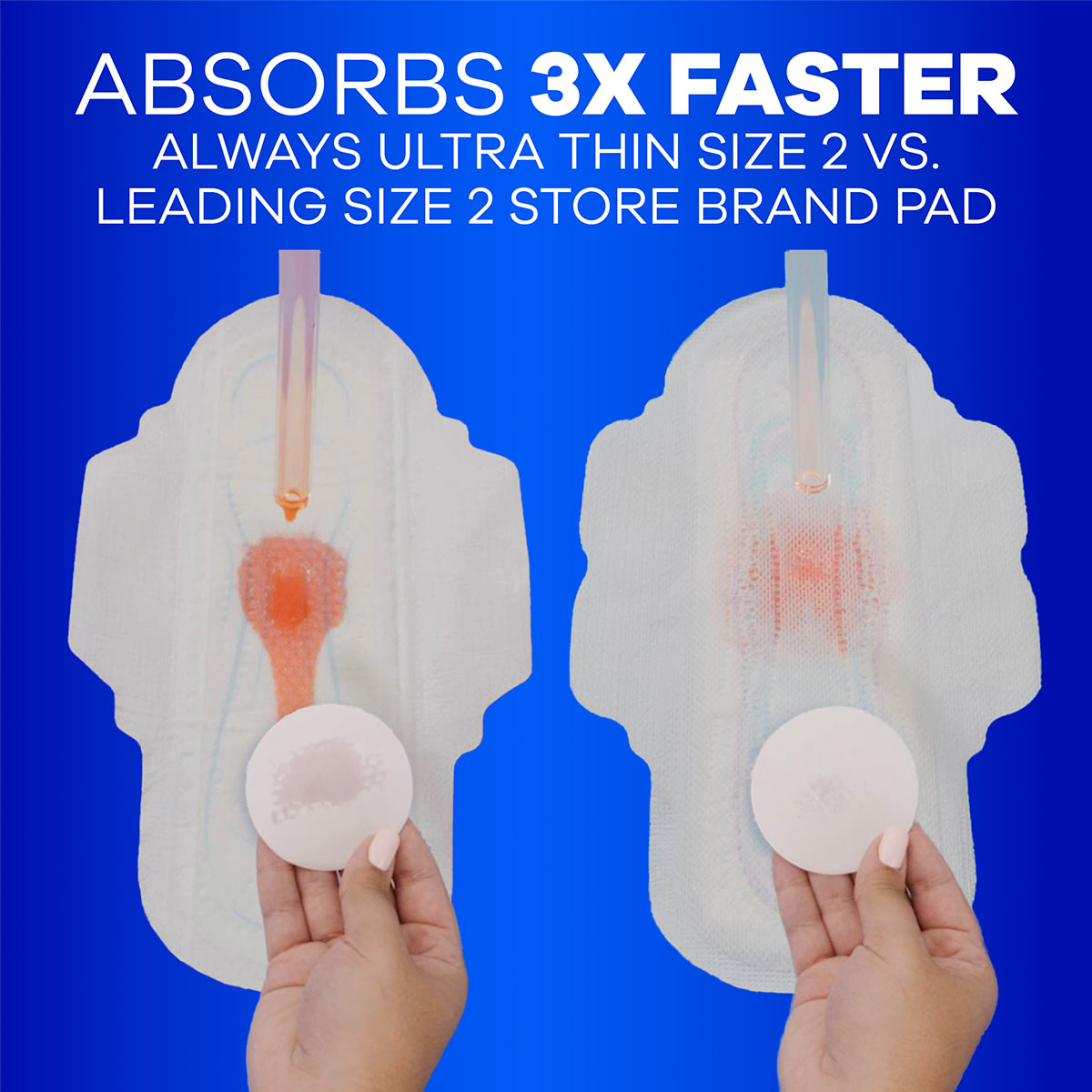 Always Ultra Thin absorbs 3X Faster vs. Leading Store Brand pad. Features an Always Ultra Thin pad and a store brand pad.