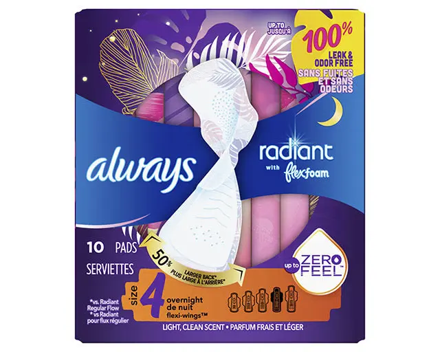 Always Radiant Overnight Pads, Size 4, Light Clean Scent 