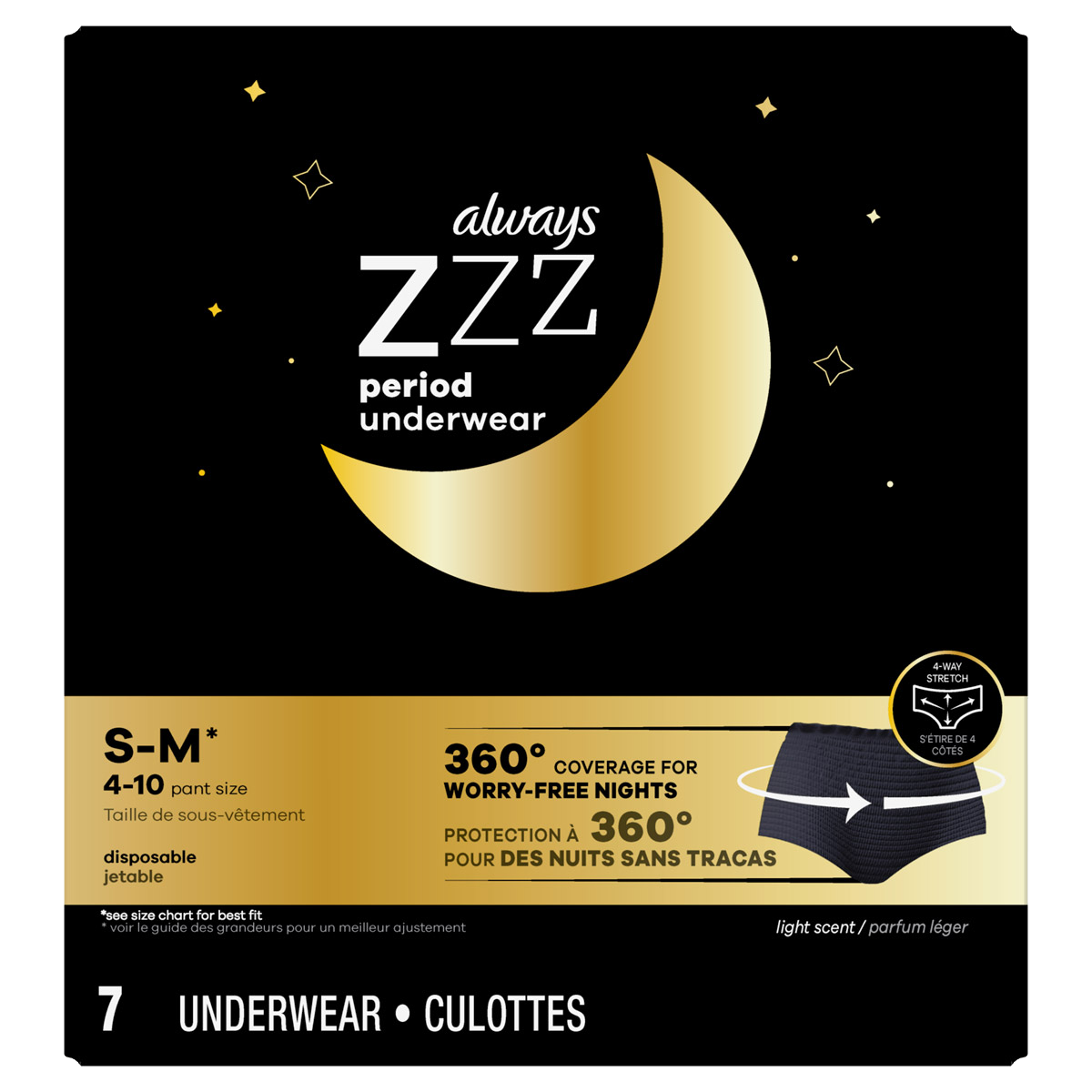 Always ZZZ Disposable Overnight Period Underwear for Women Size S M 7 count