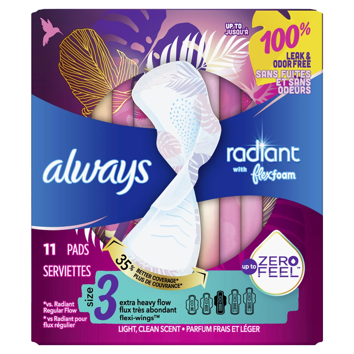 Always radiant teen regular flow pads with wings, unscented, 28 ct