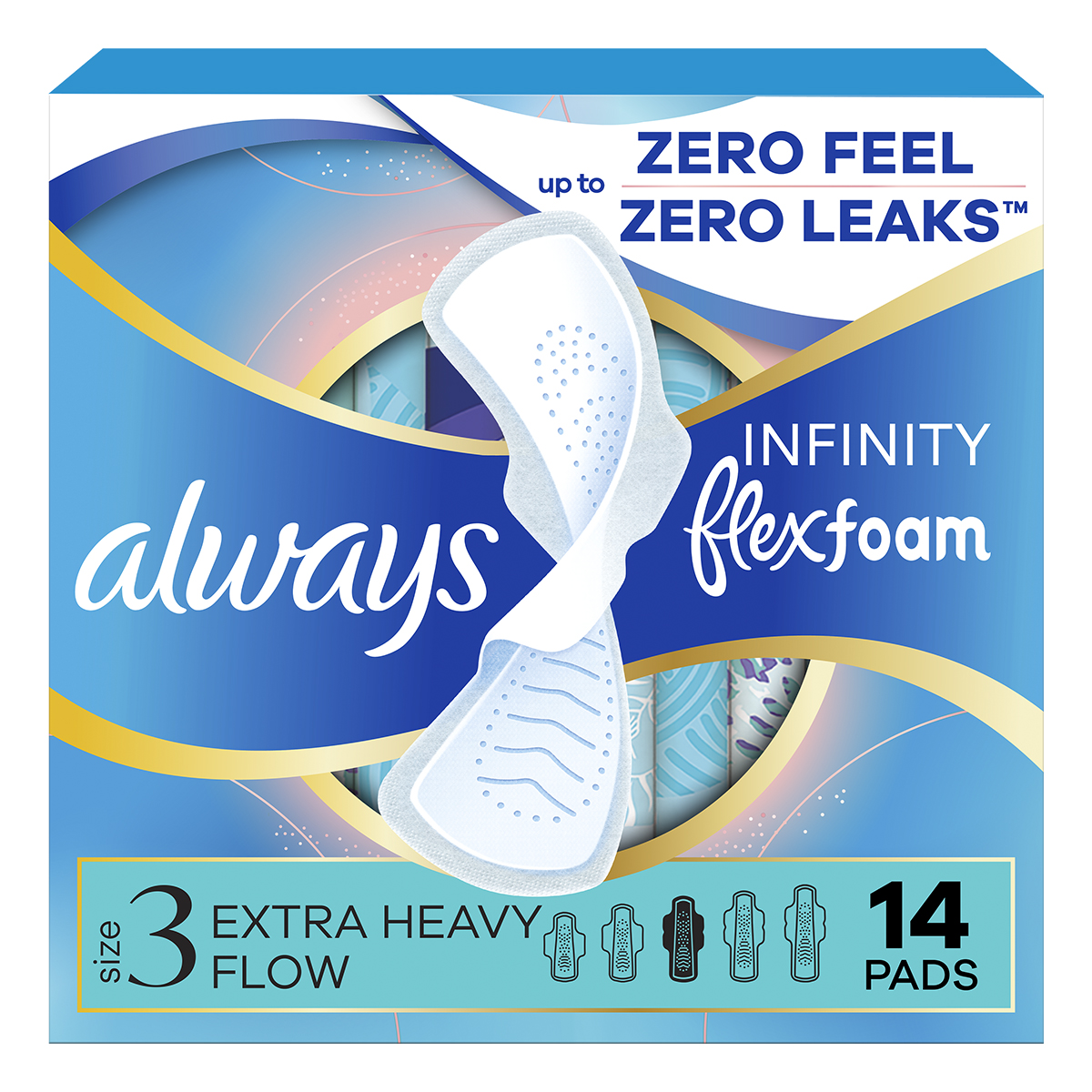Package of Always Infinity FlexFoam pads, 14 count, designed for extra heavy flow, unscented, showcasing zero feel and zero leaks