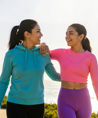 Mother and daughter smiling together outdoors while talking about puberty and first periods