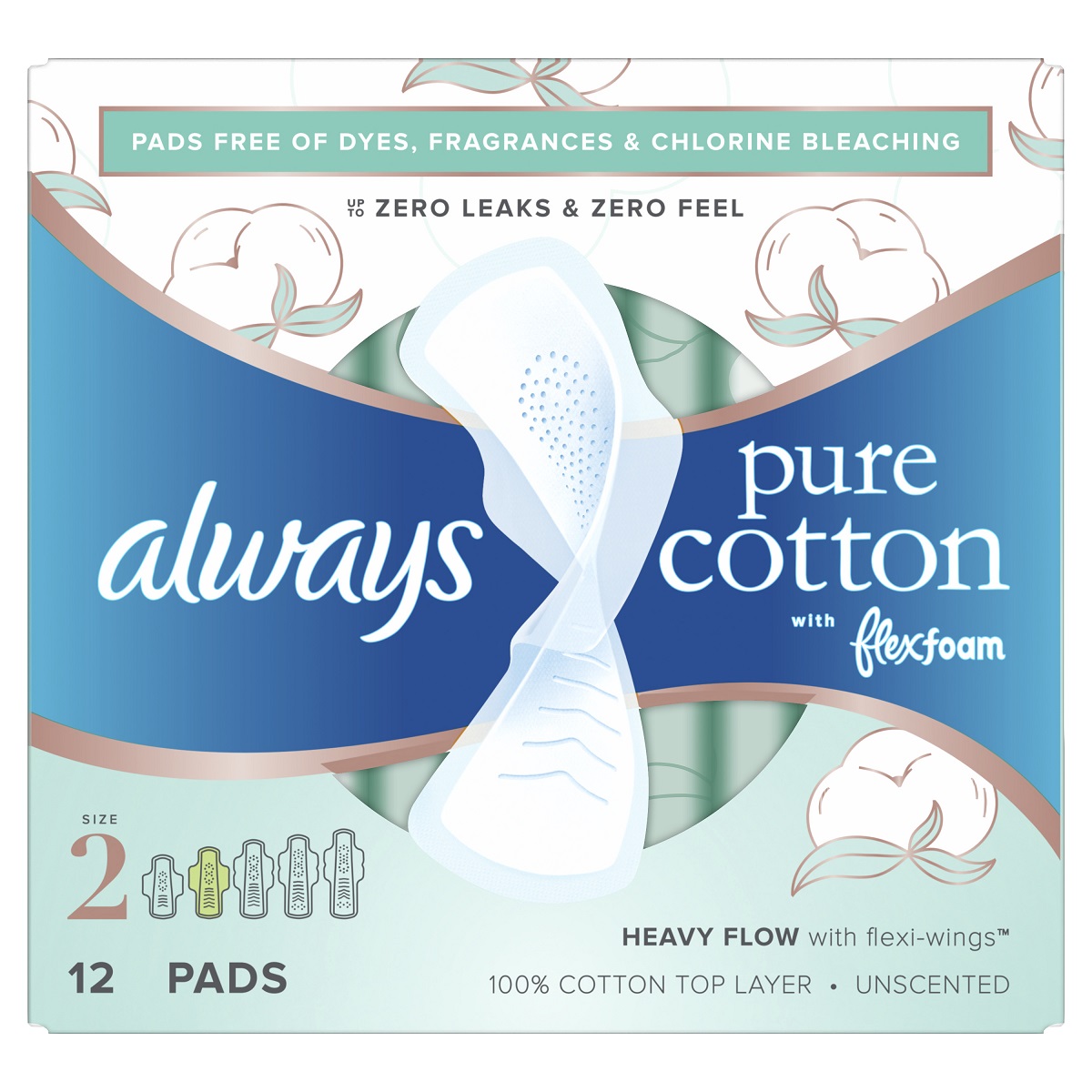 Always Pure Cotton with FlexFoam Size 2  Heavy Flow Pads with wings, Unscented