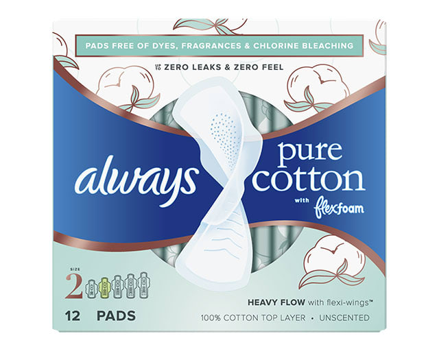 Always Pure Cotton with FlexFoam Size 2  Heavy Flow Pads with wings, Unscented
