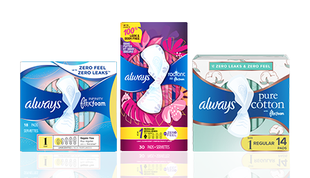 Three Always brand feminine hygiene products, featuring different packaging for various absorbency and materials