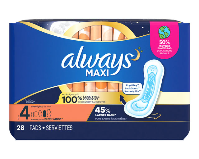 Always Maxi Size 4 Overnight Pads Without Wings, Unscented