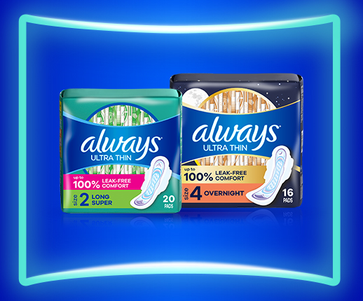 Always Ultra Thin commercial pads displayed with various packaging, highlighting FSA & HSA eligibility and eco-friendly features