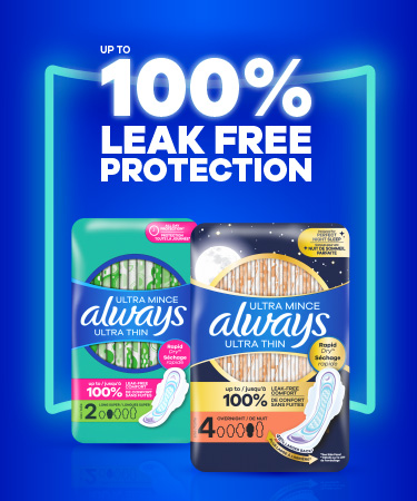 Always Ultra Thin commercial pads displayed with various packaging, highlighting FSA & HSA eligibility and eco-friendly features