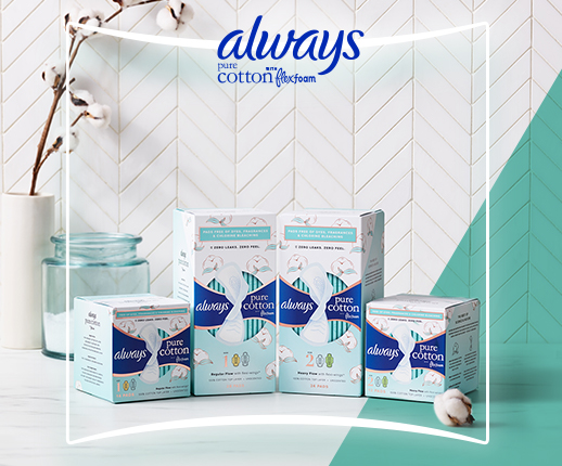 Always Pure Cotton pads with Flexfoam displayed on a clean, modern background, highlighting product features and packaging