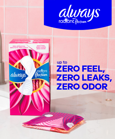 Always Radiant FlexFoam sanitary pads banner for leak and odour protection