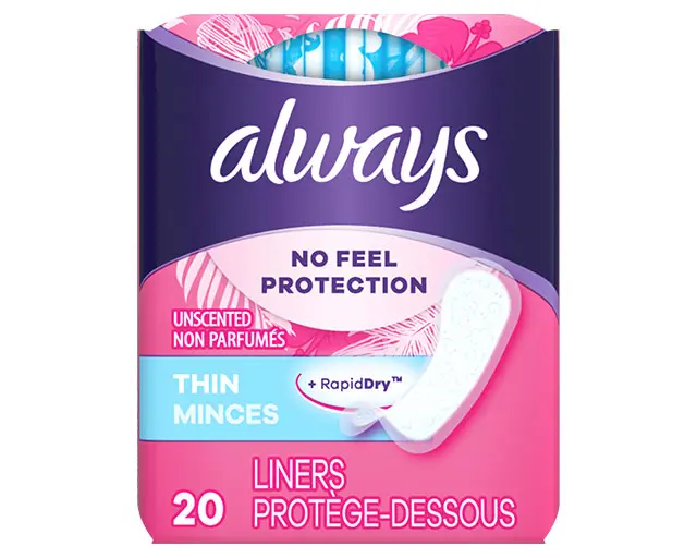 Product-Always Thin Liners packaging featuring unscented, rapid-dry protection for daily comfort and freshness, with a count of 20 liners