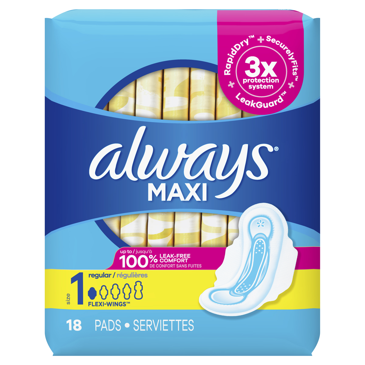 Always Maxi Size 1 Regular Pads with Wings, Unscented