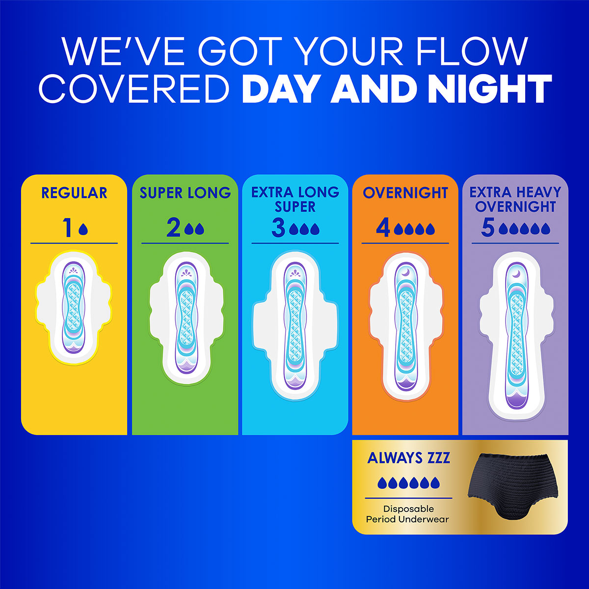 We've got your flow covered Day and Night. Features different pad sizes and coverages, as well as disposable period underwear