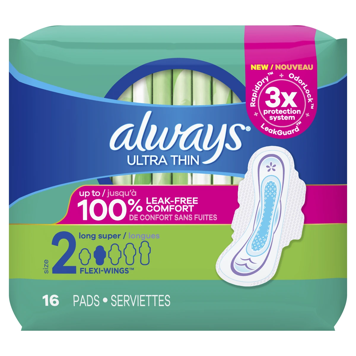 Always Ultra Thin Pads Size 2 Long Super Absorbency 16 Pads x 6 Packs = 96  Total