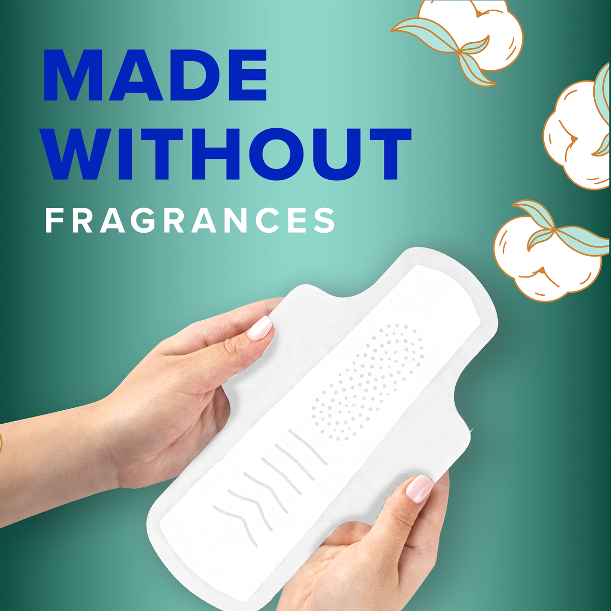Two hands holding Always Pure Cotton with FlexFoam pad. Made without fragrances.