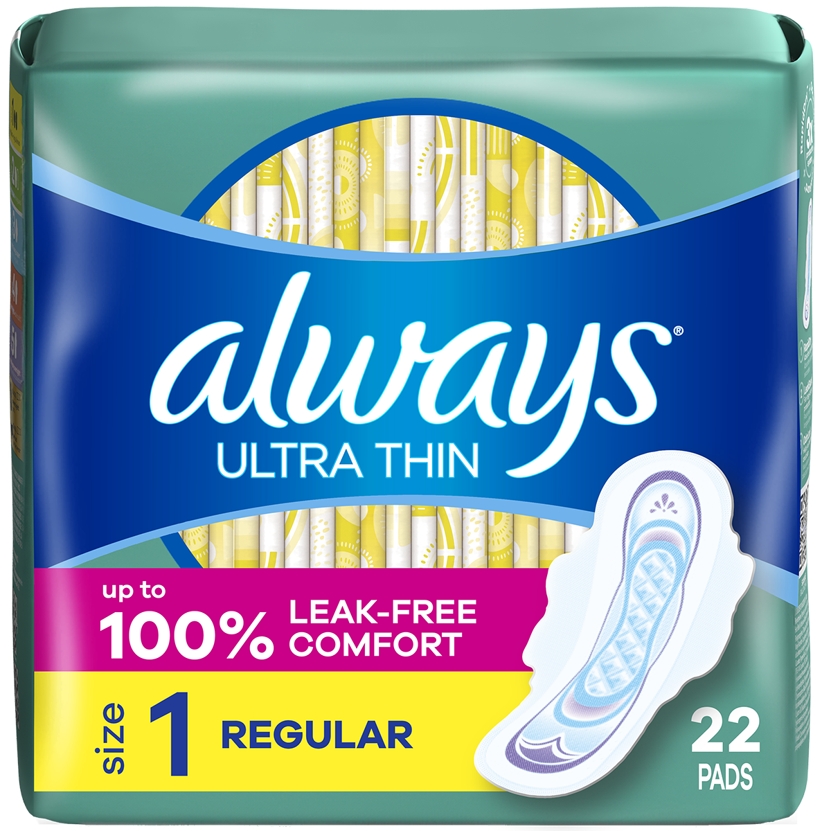 Always Ultra Thin pads packaging featuring leak-free comfort and a 50% recycled plastic bag. Contains 22 regular pads