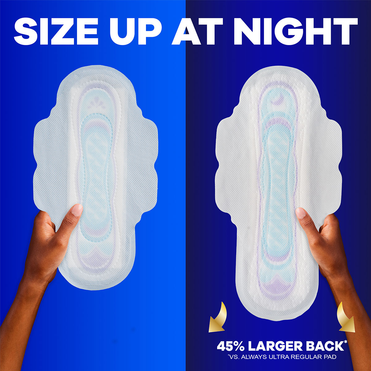 Features a hand holding a size 2 Ultra Thin pad and a hand holding a size 4 Ultra Thin pad. Size 4 has a 45% LARGER BACK *vs. Always Ultra Thin Regular Pad. Size up to a pad with a longer and wider back at night.