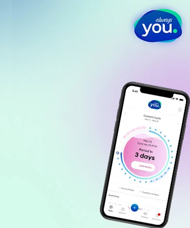 Mobile app displaying period tracking features, promoting wellness and supporting EndPeriodPoverty initiative