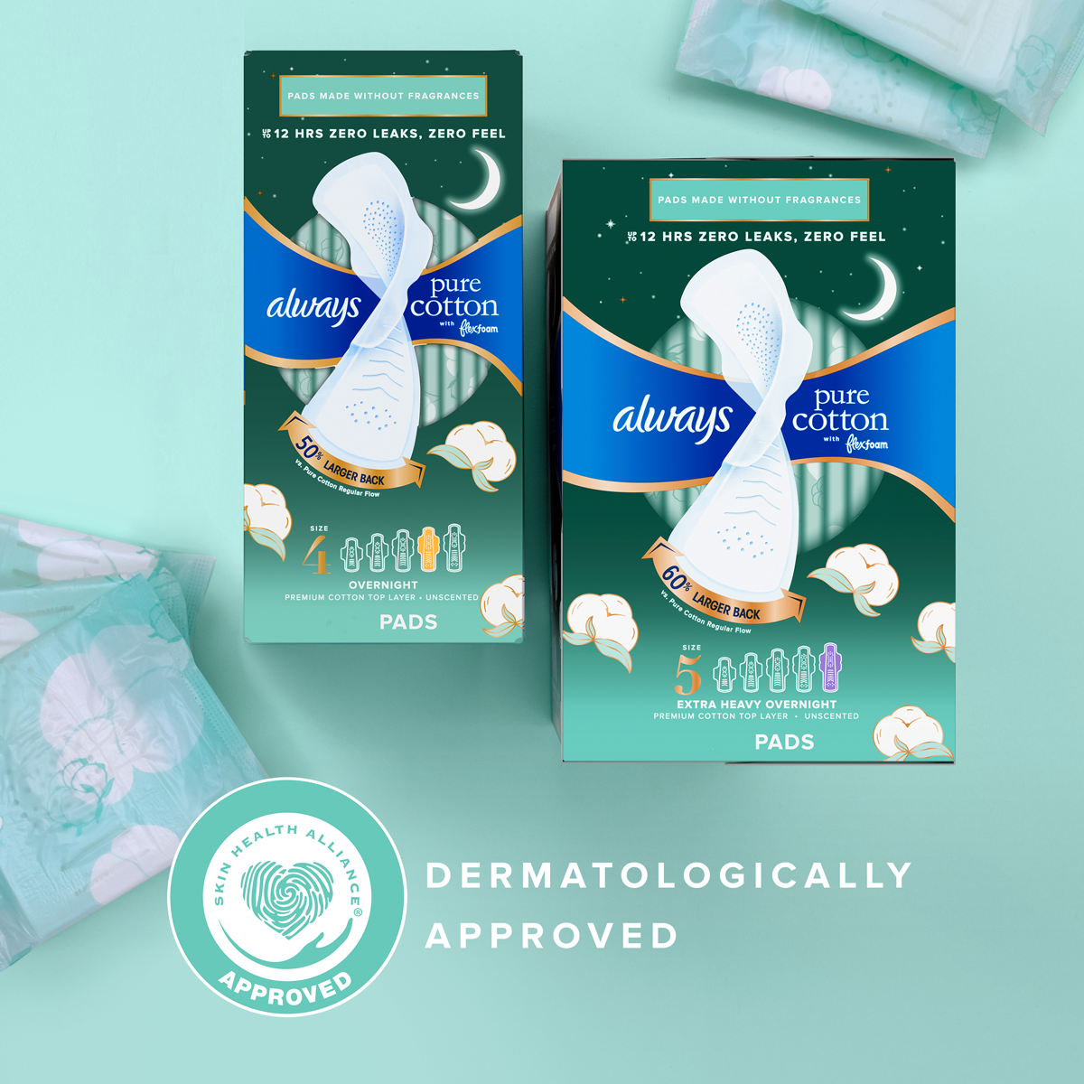 Always Pure Cotton with FlexFoam is dermatologically approved by the Skin Health Alliance. Two boxes of Always Pure Cotton with FlexFoam pads in the overnight absorbencies. 