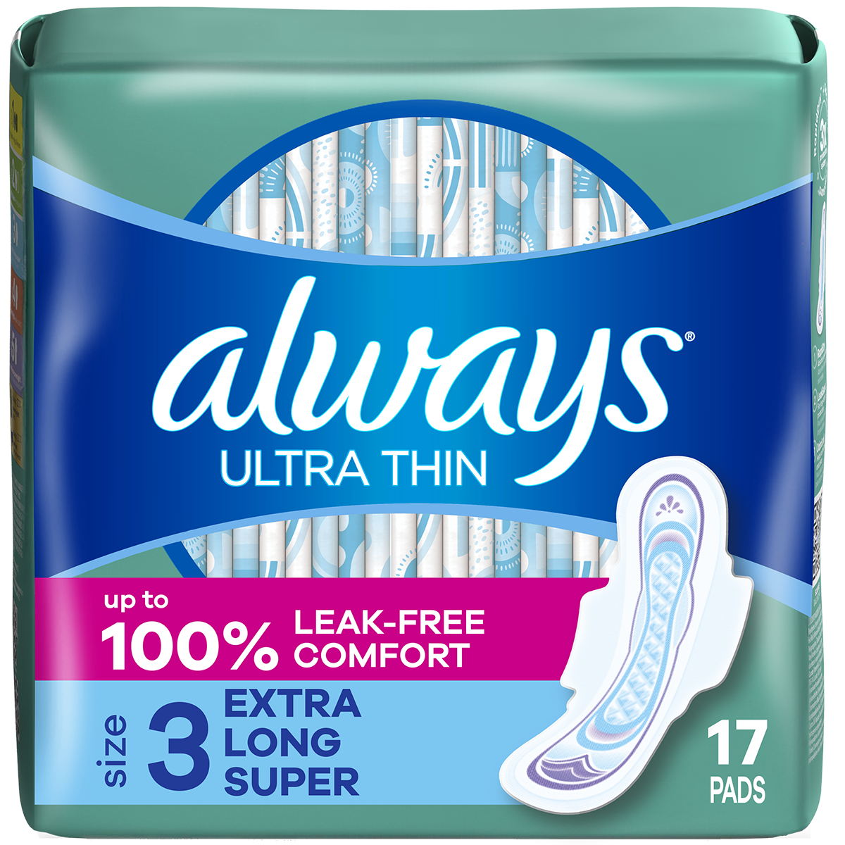 Always Ultra Thin Pads package featuring 17 extra long pads with Flexi-Wings for 100% leak-free comfort