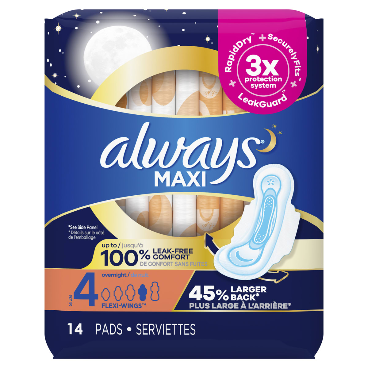 Always Maxi Size 4 Overnight Pads with Wings, Unscented