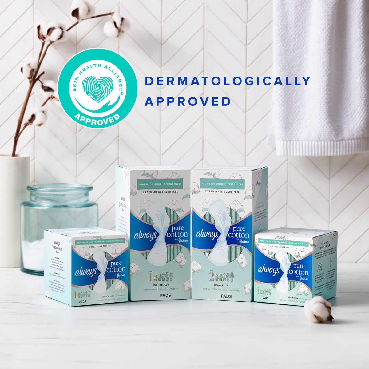 Always Pure Cotton with FlexFoam is dermatologically approved by the Skin Health Alliance. Four boxes of Always Pure Cotton with FlexFoam pads. 