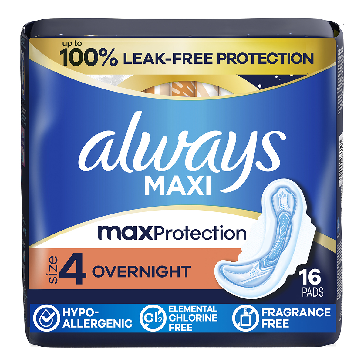 Always Maxi Size 4 Overnight Pads with Wings, Unscented