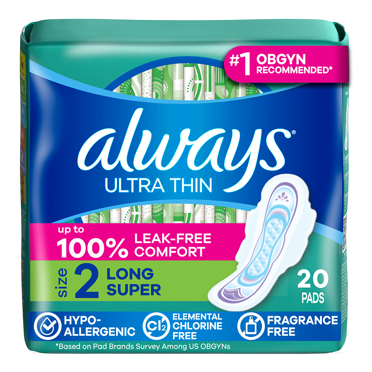 Always Ultra Thin Size 2 Long Super Pads With Wings, Unscented