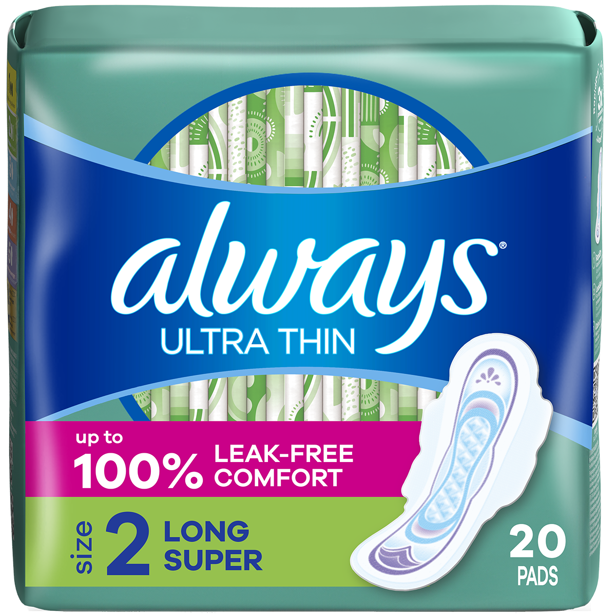 Package of Always Ultra Thin feminine pads featuring 20 pads with Flexi-Wings and leak-free comfort assurance