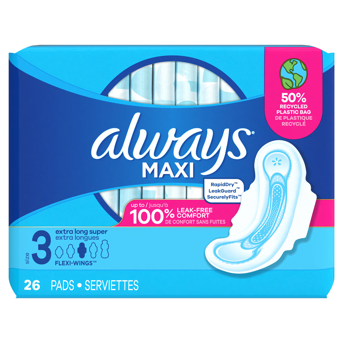 Always Maxi pads package featuring size 3, 26 pads, promoting leak-free comfort with Flexi-Wings technology