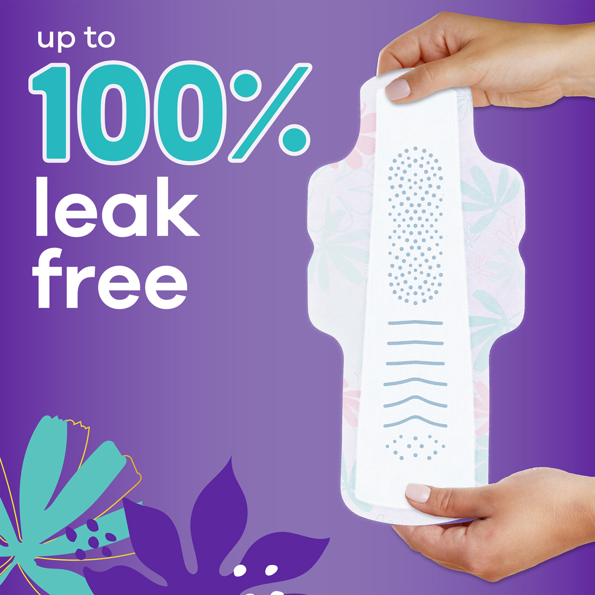 Two hands holding Always Radiant with FlexFoam Teen Overnight pad. Up to 100% leak-free
