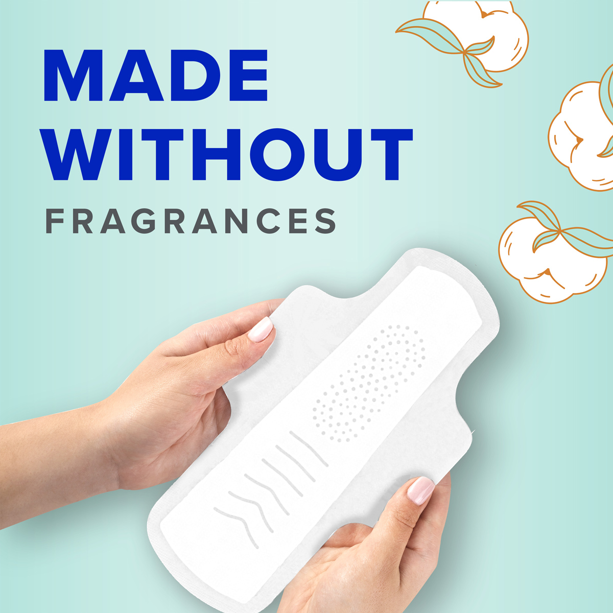 Two hands holding Always Pure Cotton with FlexFoam pad. Made without fragrances.