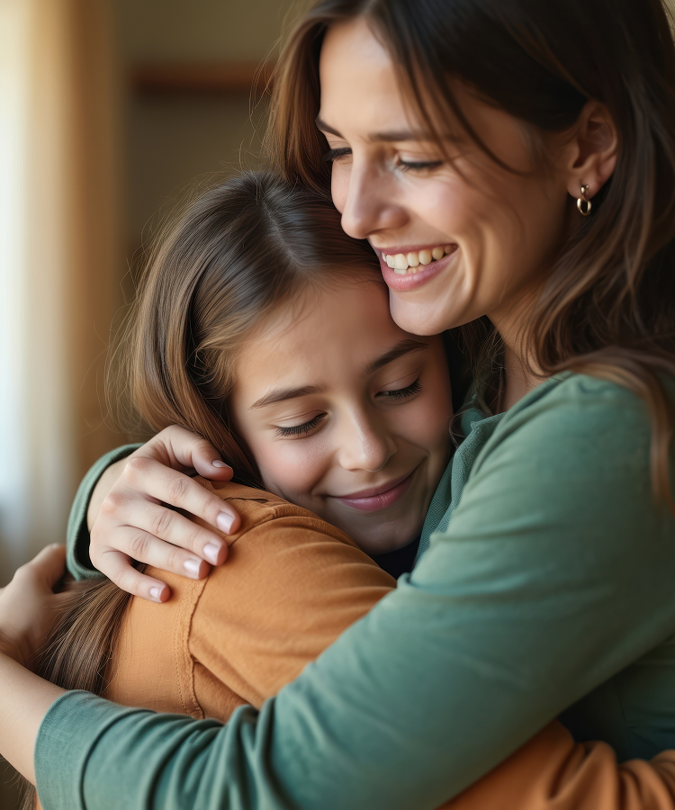 Mother hugging her teenage daughter while talking about healthy relationships