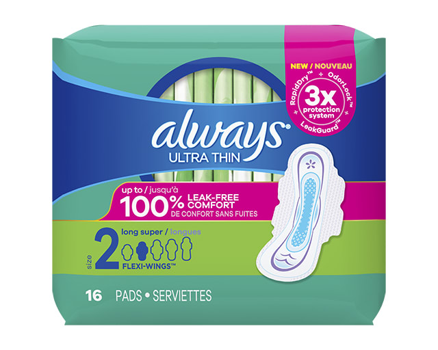 Always Ultra Thin Size 2 Long Super Pads With Wings, Unscented