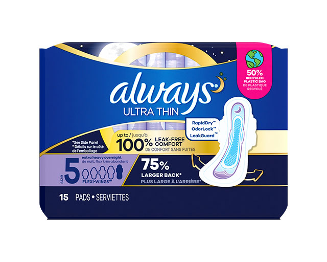 Always Ultra Thin Size 5 Extra Heavy Overnight Pads With Wings, Unscented