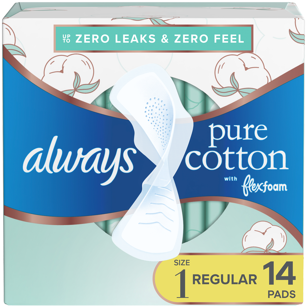 Always Pure Cotton menstrual pads, size 1, 14 count, featuring flexi-wings and unscented design for comfort and protection