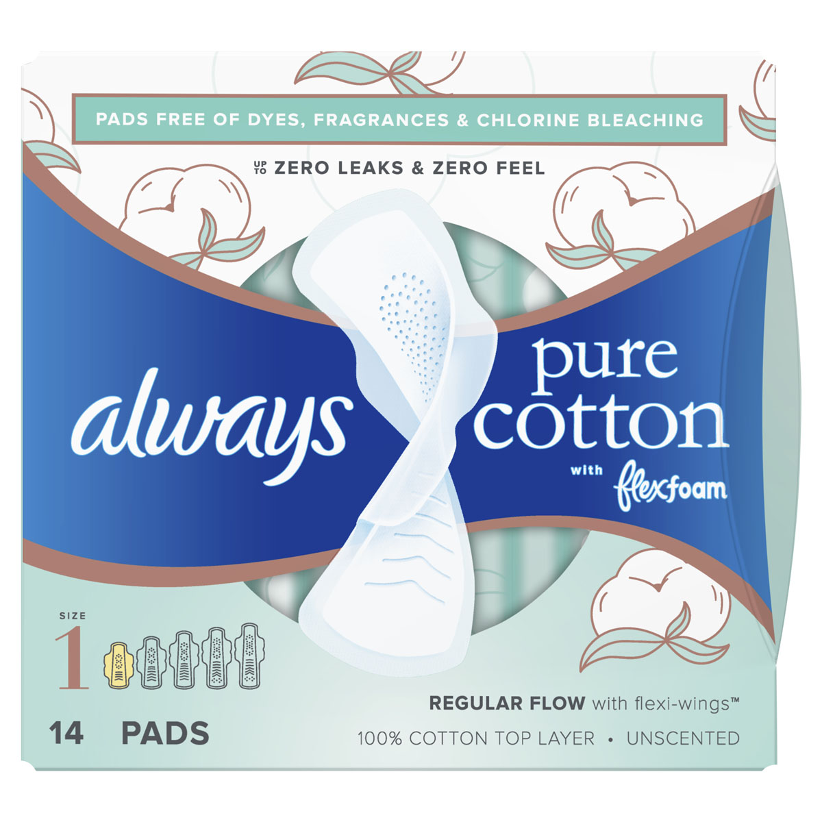 Product-Always Pure Cotton with FlexFoam Size 1 Regular Flow Pads with Wings, Unscented