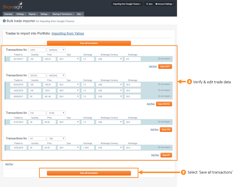 Step 8 & 9 importing from yahoo