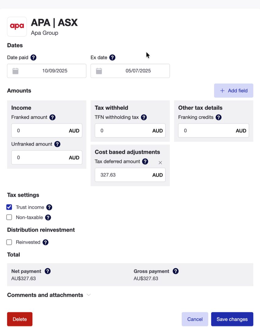 APA Investment Trust dividend entry - later tax year